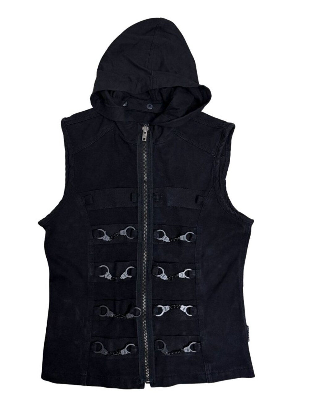 TRIPP NYC Denim Vest Goth Emo Punk Handcuff Hooded Black Jacket Mens Small